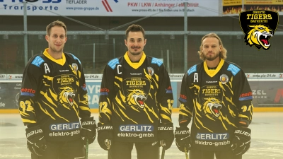 Die Leader der onesto Tigers Bayreuth in der neuen Saison der Oberliga Süd: Kapitän Moritz Israel (Mitte) und seine Assistenten Dominik Piskor (links) und Sam Verelst (rechts). (Foto: onesto Tigers Bayreuth)