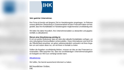 Mögliches Beispiel einer schädlichen Phishing-Mail, unter falschem Deckmantel der IHK