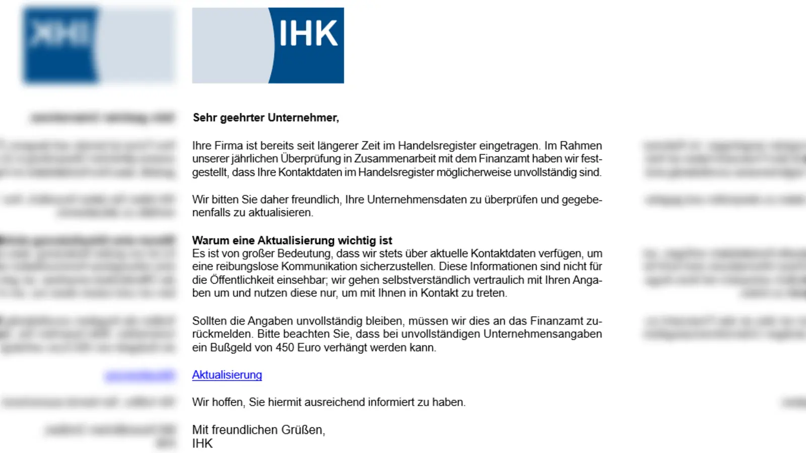 Mögliches Beispiel einer schädlichen Phishing-Mail, unter falschem Deckmantel der IHK